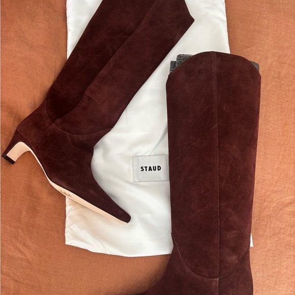 STAUD Dark Brown Suede Heeled Boots - Picture 1 of 6